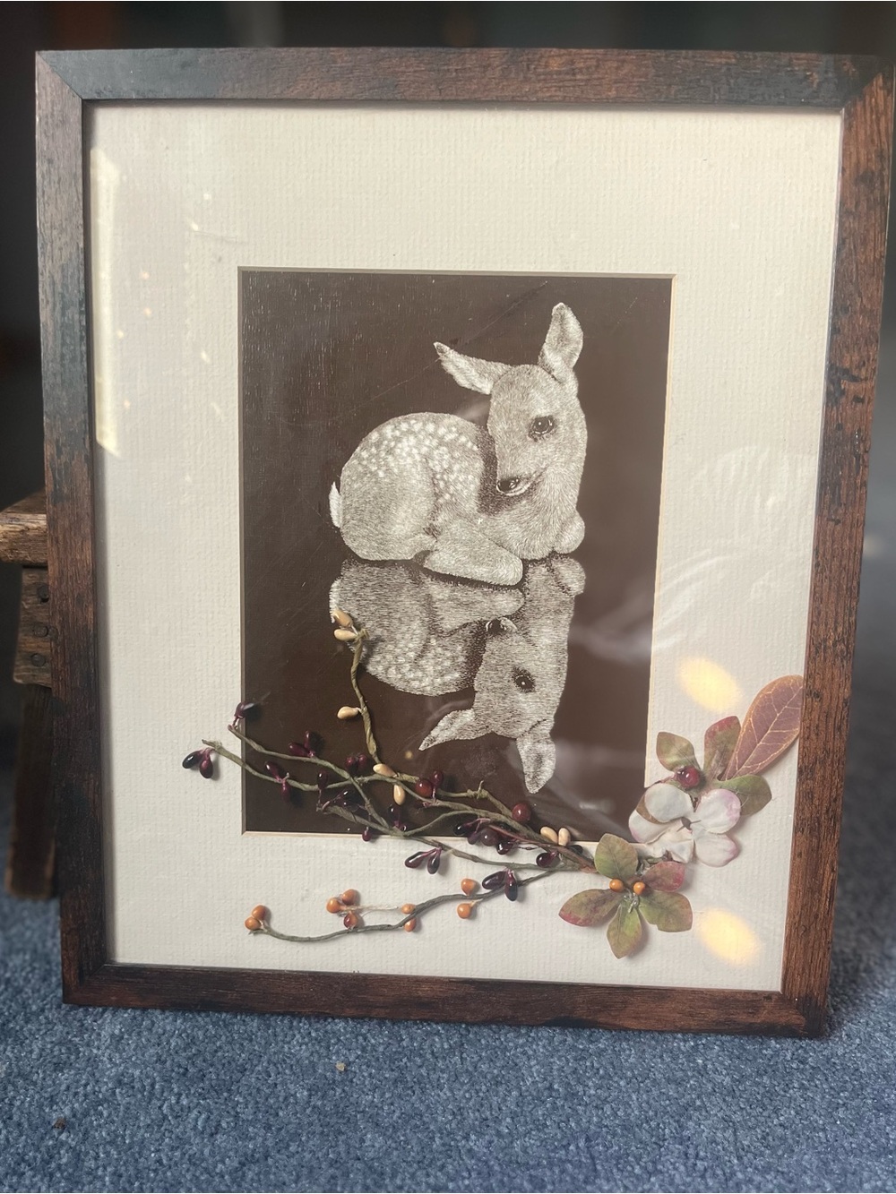 Vintage Fawn Print wood framed Wall Art in Scratchboard style art by Chaplan.